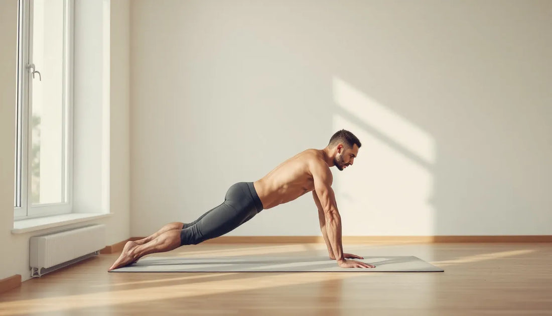 Athletic man performing a forearm plank on a wooden floor at home, core visibly engaged, wearing fitted dark trunks, natural light from window, minimalist white room background