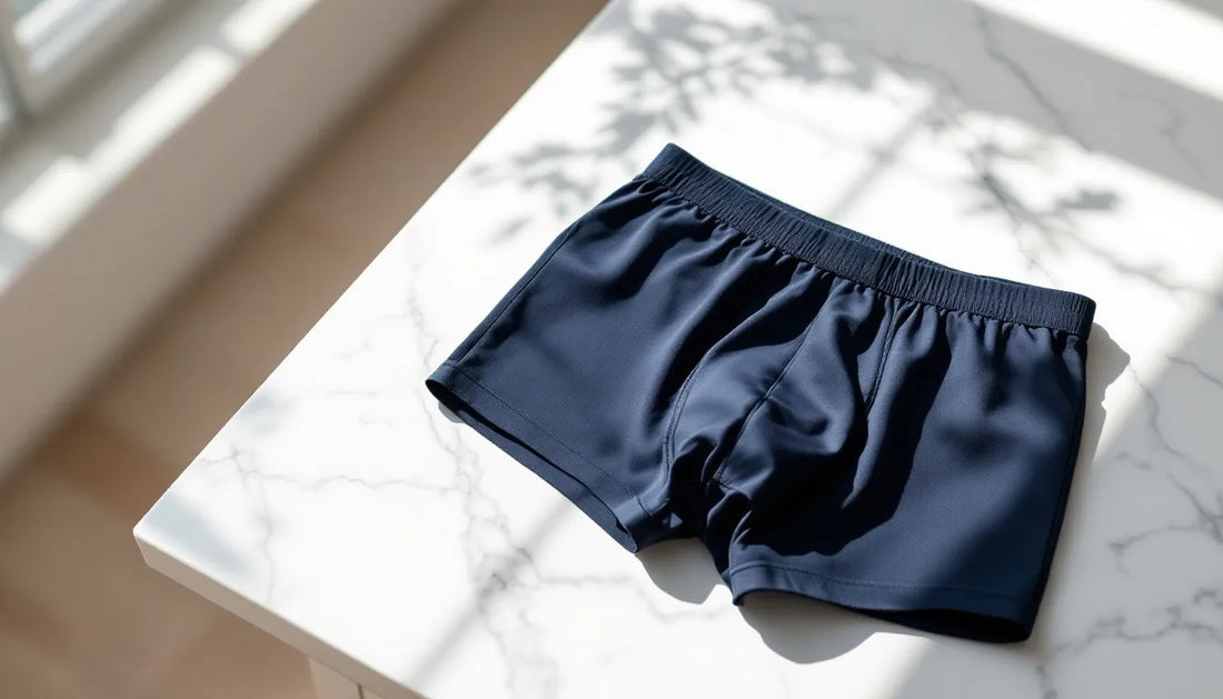 Premium bamboo boxer briefs laid flat showing waistband detail and fabric texture with natural lighting