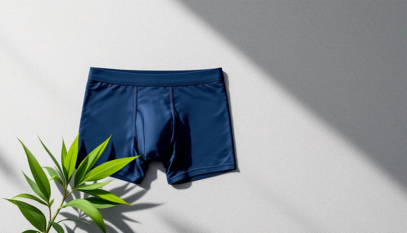 Premium navy and black men's boxer briefs laid flat on a light grey linen surface with a bamboo leaf accent, shot from above in natural light