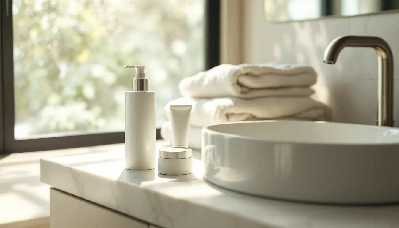 Minimal men's skincare routine essentials arranged on a marble bathroom countertop in soft morning light, featuring a cleanser, moisturizer, and SPF sunscreen