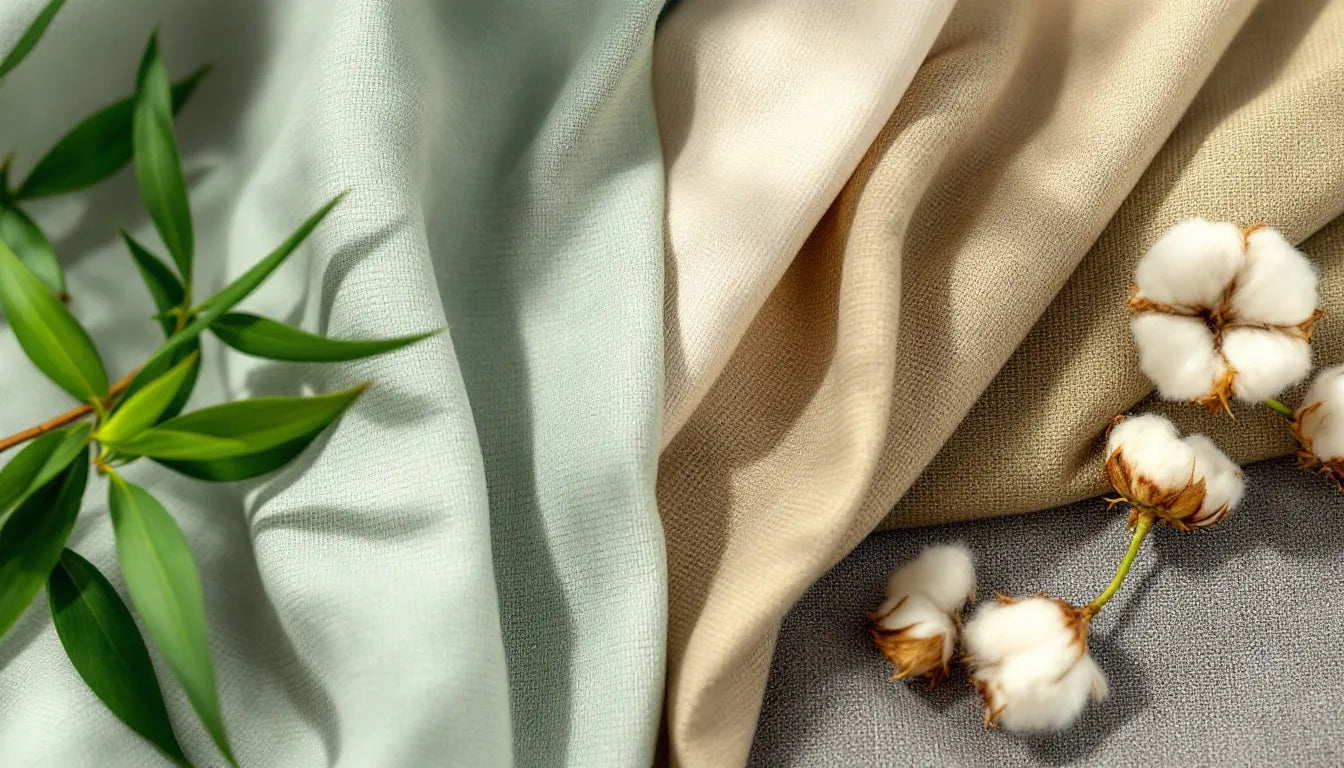 Close-up of eco-friendly fashion materials including bamboo viscose, organic cotton, hemp, and recycled polyester fabric swatches layered together in natural earth tones with bamboo leaves
