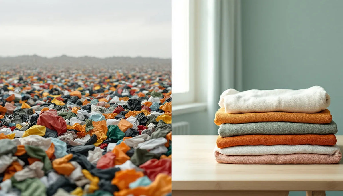 Split image contrasting a fast fashion clothing landfill on the left with neatly folded sustainable quality basics on the right, illustrating the environmental cost of fast fashion