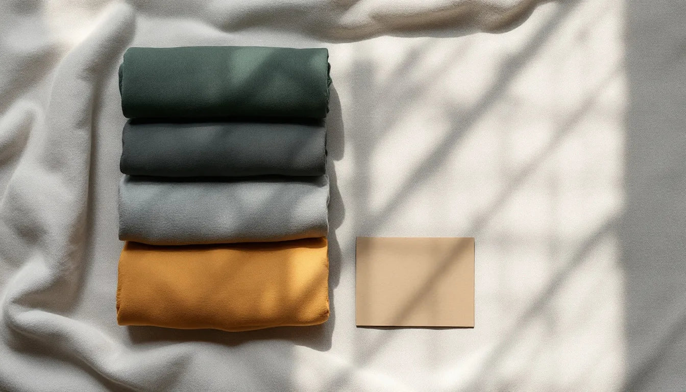 Elegant flat lay of premium bamboo underwear gift bundles arranged with minimalist Father's Day card on natural fabric background in soft natural lighting