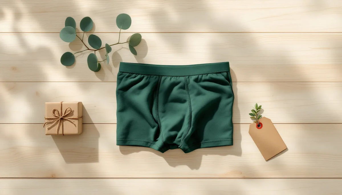 Flat-lay of forest green bamboo boxer briefs with a kraft paper Father's Day gift tag and a small green sprig on a light wood surface, soft natural side lighting