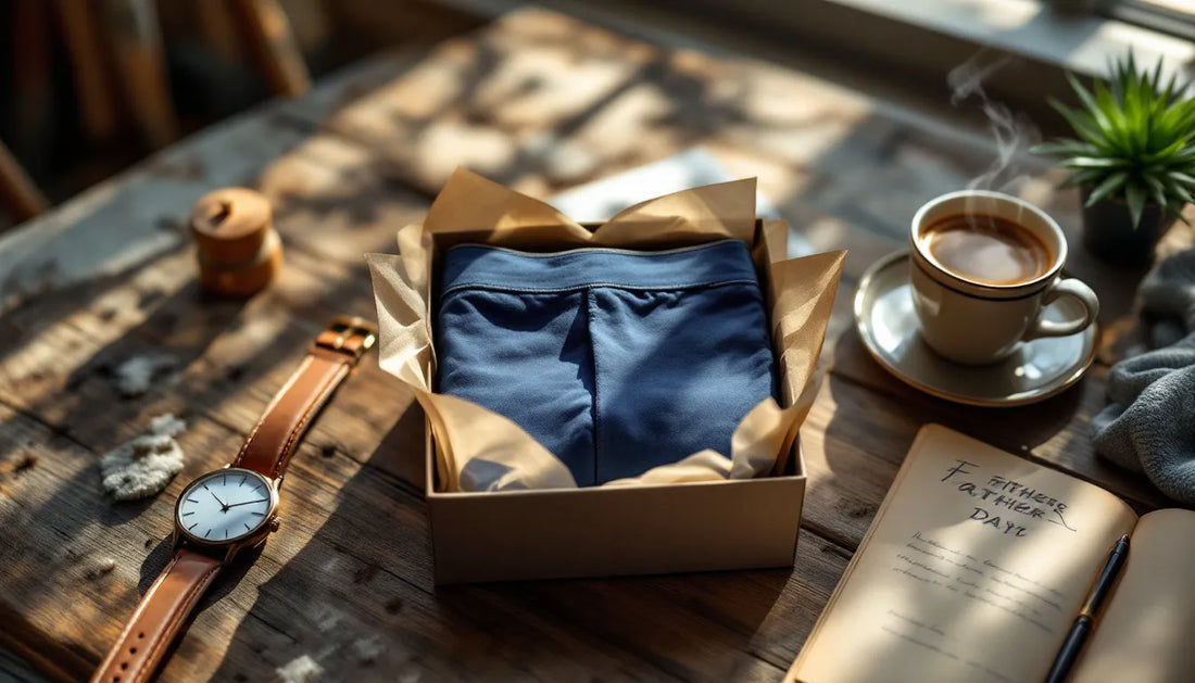 Premium bamboo fabric underwear gift set arranged in elegant packaging on wooden table with masculine accessories including leather watch and coffee mug for Father's Day father-in-law gift