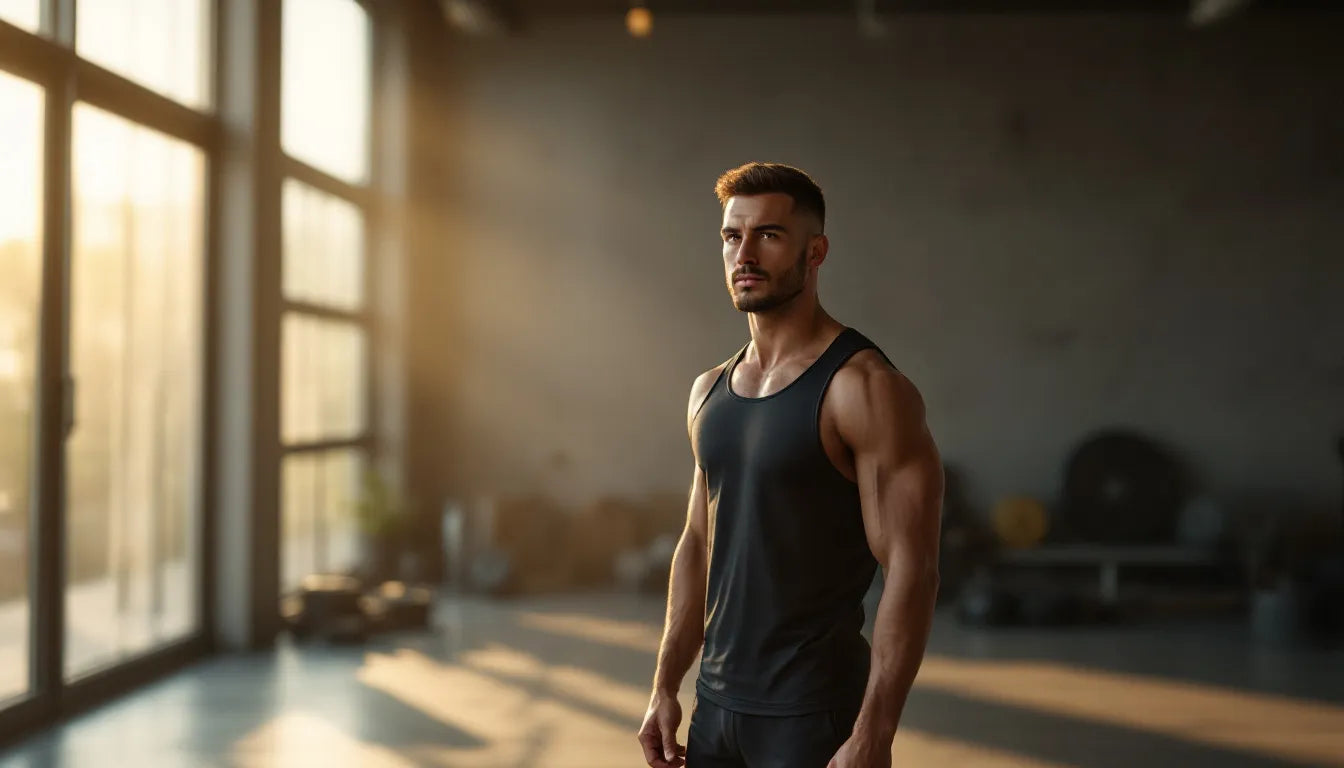 Athletic man standing in a sunlit modern gym with a focused and determined expression, early morning light casting strong shadows, conveying mental toughness and physical readiness