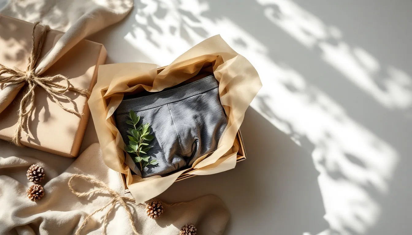 Elegantly wrapped gift box with premium bamboo underwear visible inside, surrounded by sustainable gift wrapping materials and natural decorative elements