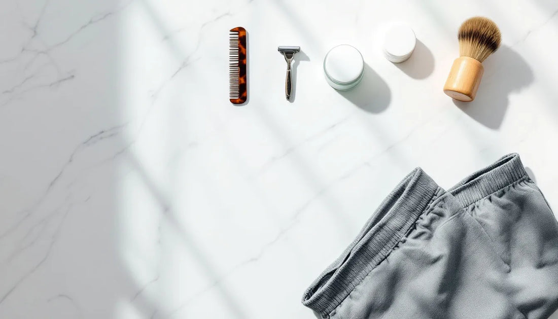 Flat-lay of men's grooming essentials including face wash, moisturizer, safety razor, comb, nail clippers, and folded bamboo trunks on a white marble bathroom counter with natural lighting