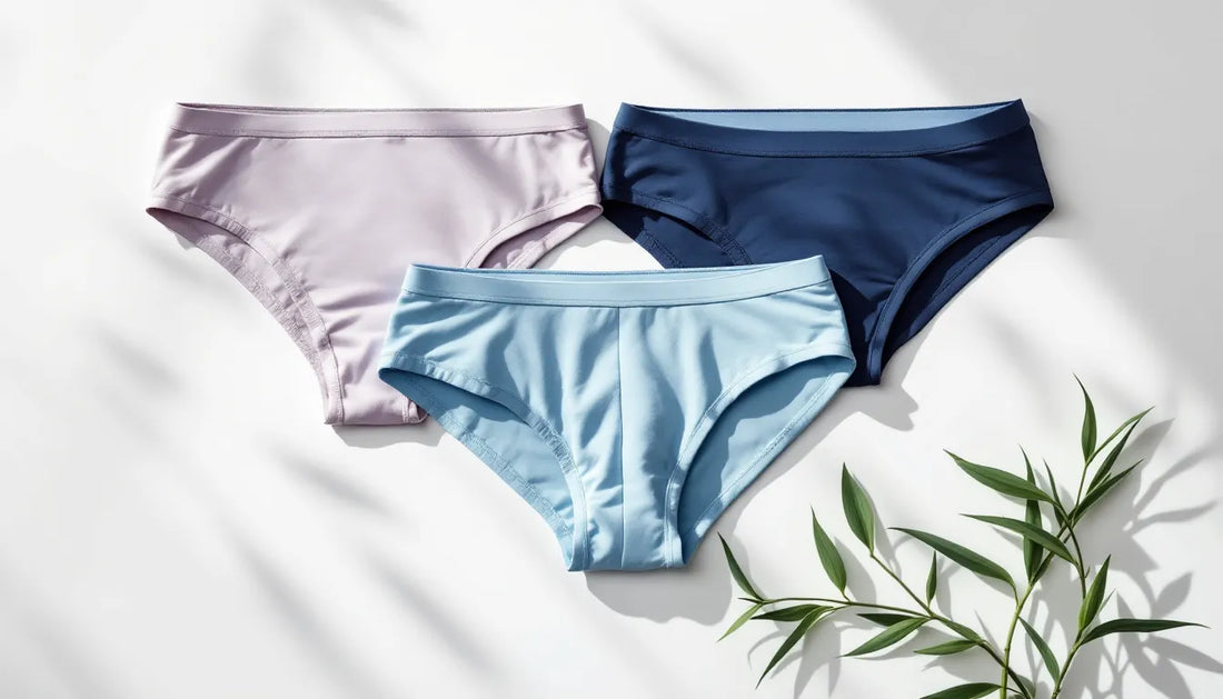 Flat-lay of three styles of minimalist men's underwear in lavender, powder blue, and navy on a white surface with a sprig of bamboo, representing sustainable underwear options including thong, brief, and trunk silhouettes