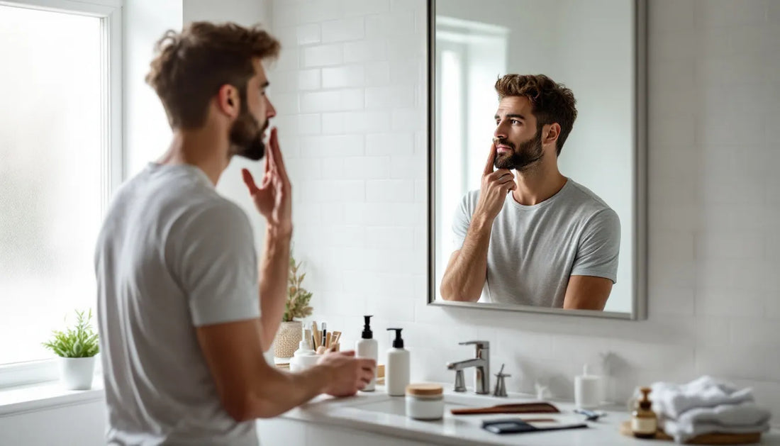 Well-groomed man examining his face in a minimal bathroom mirror with grooming essentials and folded bamboo underwear arranged on a marble countertop