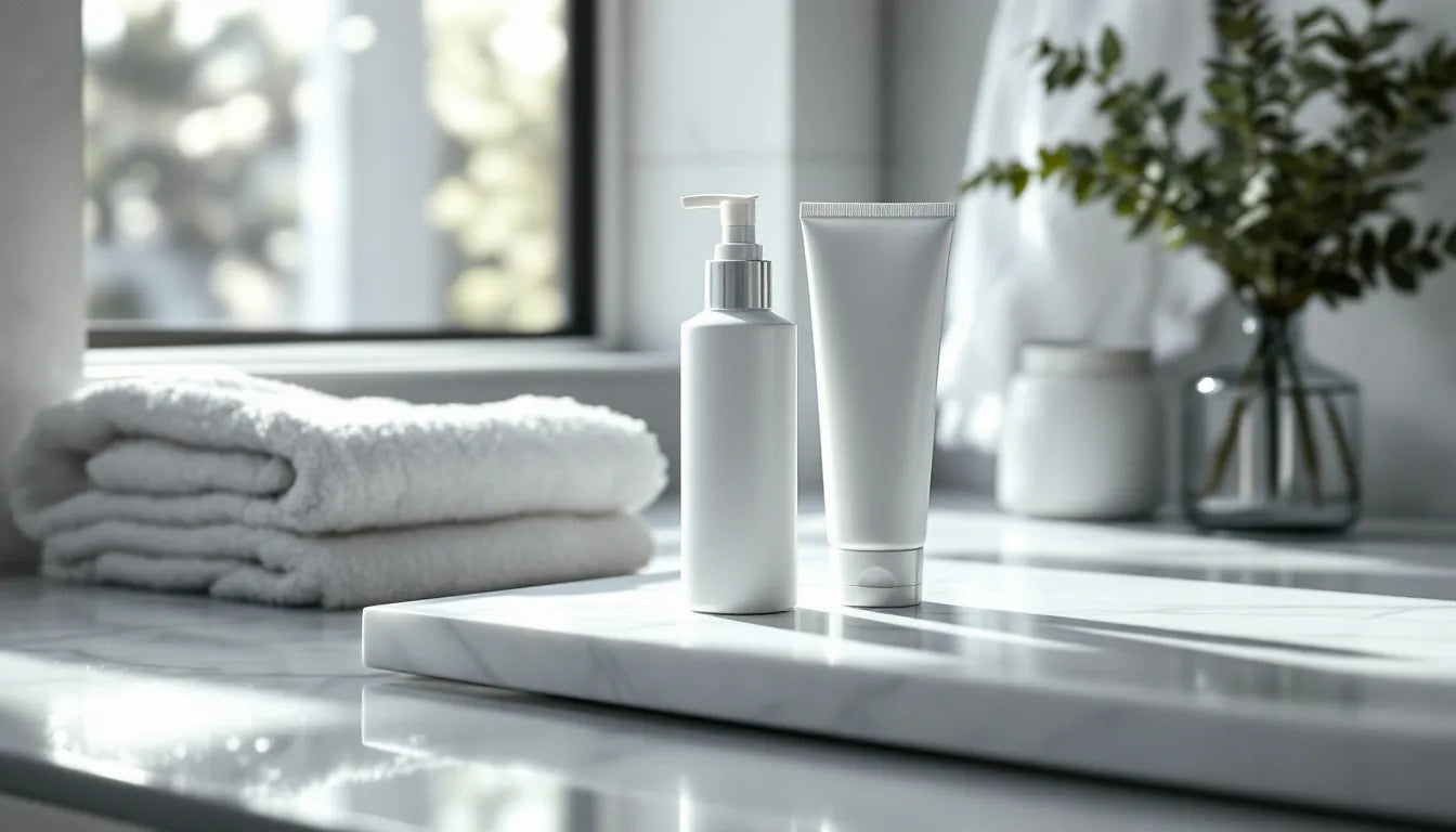 Modern men's skincare routine essentials arranged on clean bathroom counter with natural morning light - cleanser, moisturizer, and SPF