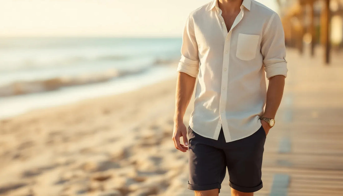 Stylish man in light linen shirt and tailored shorts standing on sunny beach boardwalk representing modern men's summer fashion