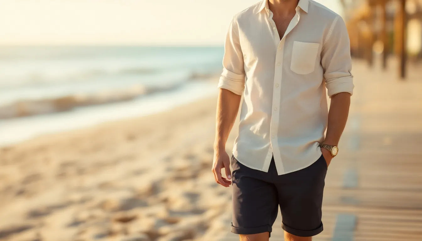 Stylish man in light linen shirt and tailored shorts standing on sunny beach boardwalk representing modern men's summer fashion
