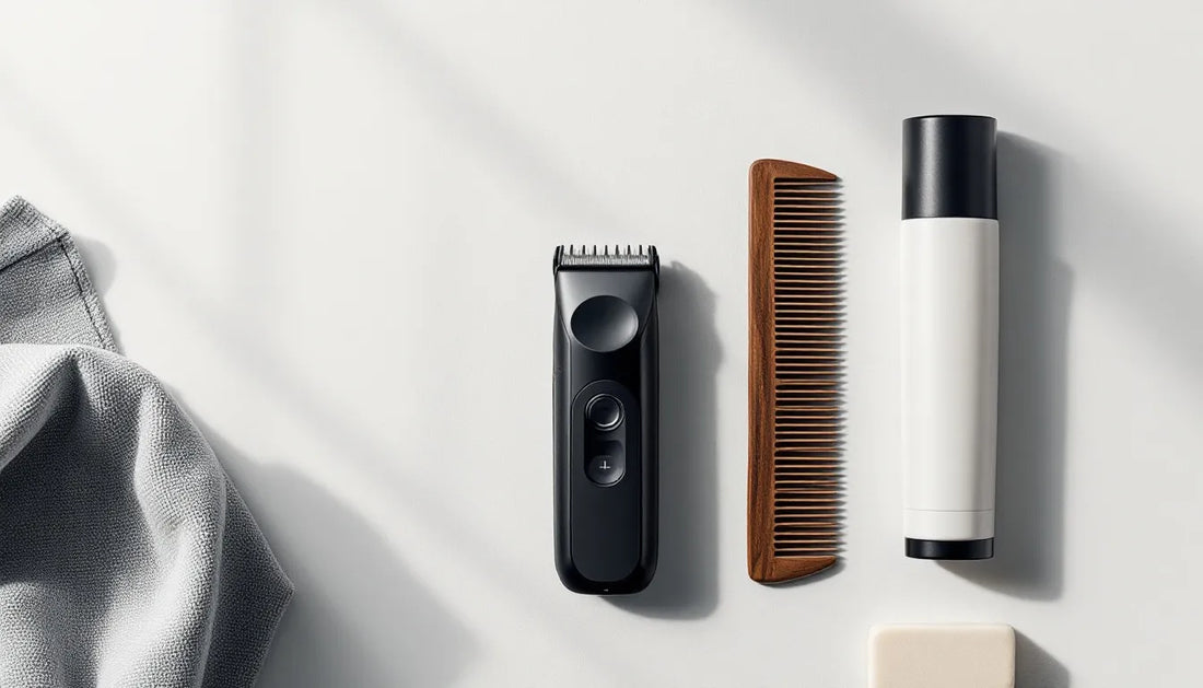 Flat-lay of men's grooming essentials including a trimmer, wooden comb, soap bar, and moisturiser tube on a pale matte surface in natural light