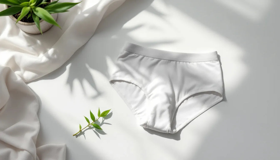 Flat-lay of minimalist men's underwear on a white surface with a bamboo sprig, highlighting soft fabric texture and clean elastic waistband