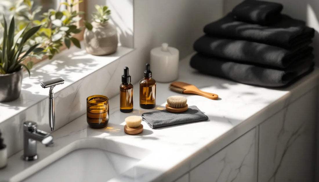 Modern men's grooming essentials arranged on bathroom counter including razor, skincare products, grooming tools, and premium bamboo underwear