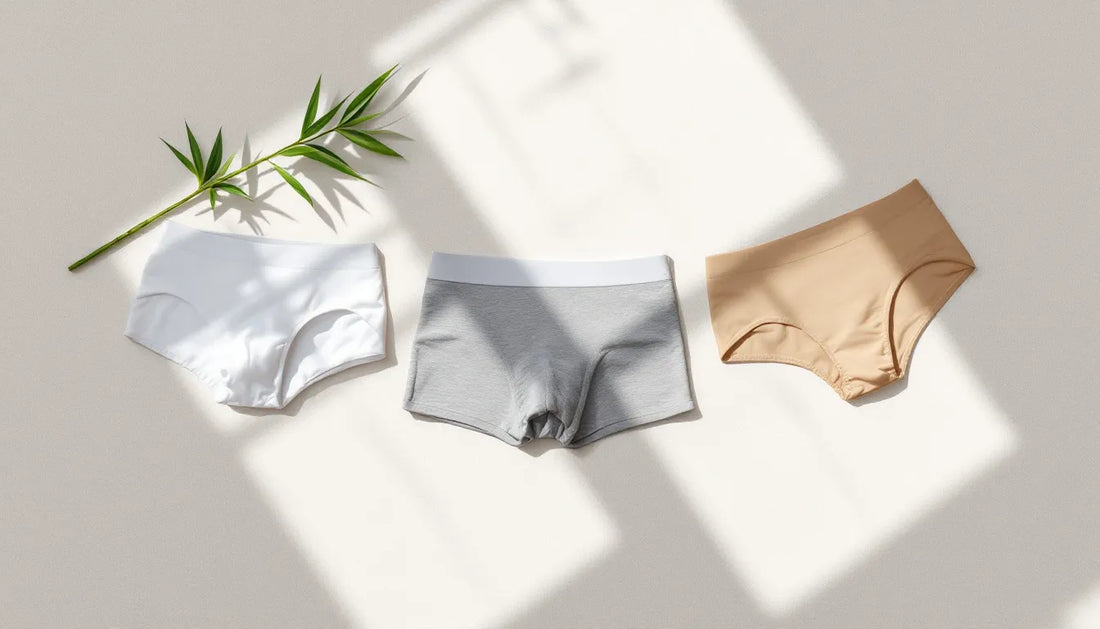 Top-down flat-lay of three men's underwear styles on linen — boxer brief, brief, and thong — with a bamboo stalk accent, showing minimal coverage progression in neutral tones