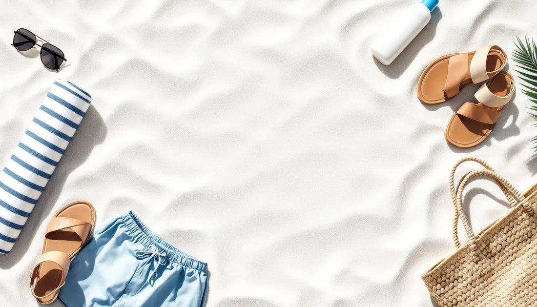 Flatlay of beach vacation packing essentials on white sand including rolled towel, sunglasses, sunscreen, swim trunks, sandals, and straw tote bag