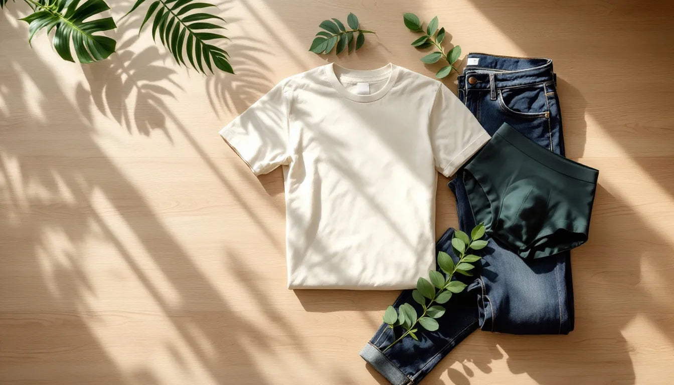 Overhead flat lay of sustainable men's wardrobe essentials including bamboo underwear, organic cotton shirt, and dark jeans on natural wood surface with green plant leaves