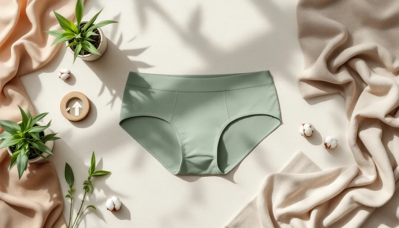 Flat-lay of TBô sustainable bamboo boxer briefs arranged with organic materials, a bamboo plant, and eco-friendly fabric swatches on natural linen, illustrating sustainable fashion principles