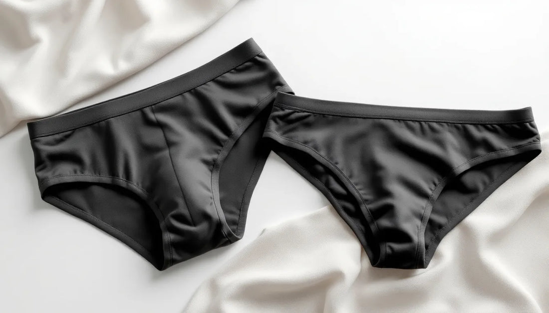 Flat-lay of men's underwear styles including a brief, trunk, and thong in neutral tones on a white surface with bamboo fabric texture in the background
