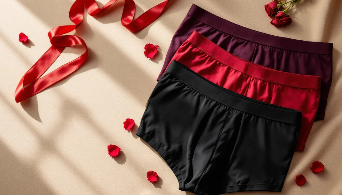 Flat-lay of folded men's bamboo underwear in purple, red, and black on a linen surface with a red ribbon accent, styled as a Valentine's Day gift