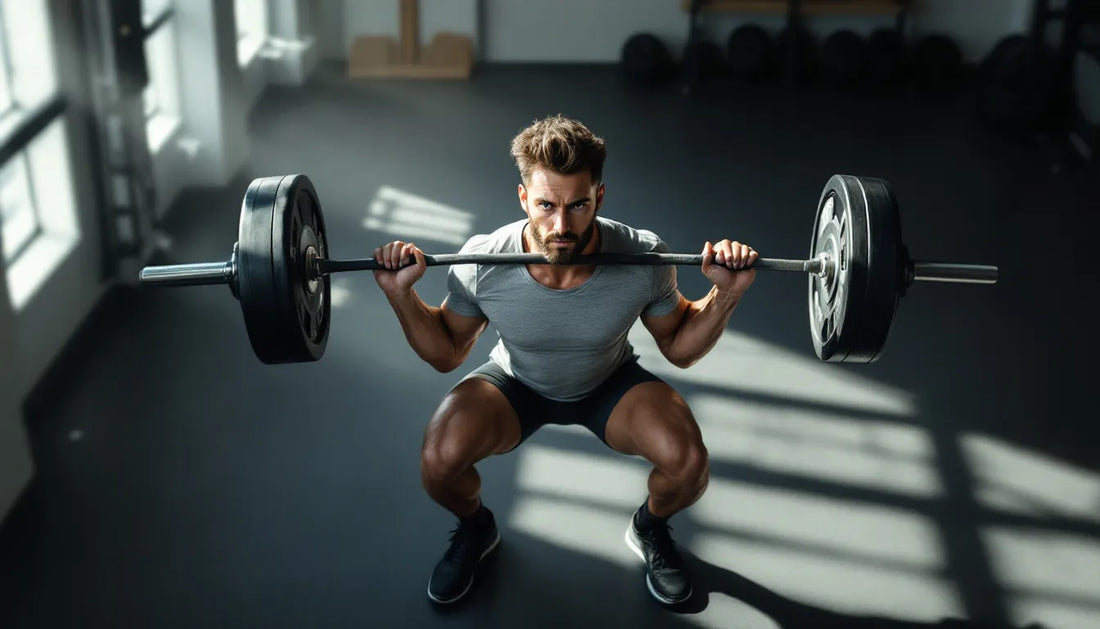 Athletic man performing a barbell squat in a modern gym, photographed from overhead with strong natural lighting highlighting muscle engagement and proper form
