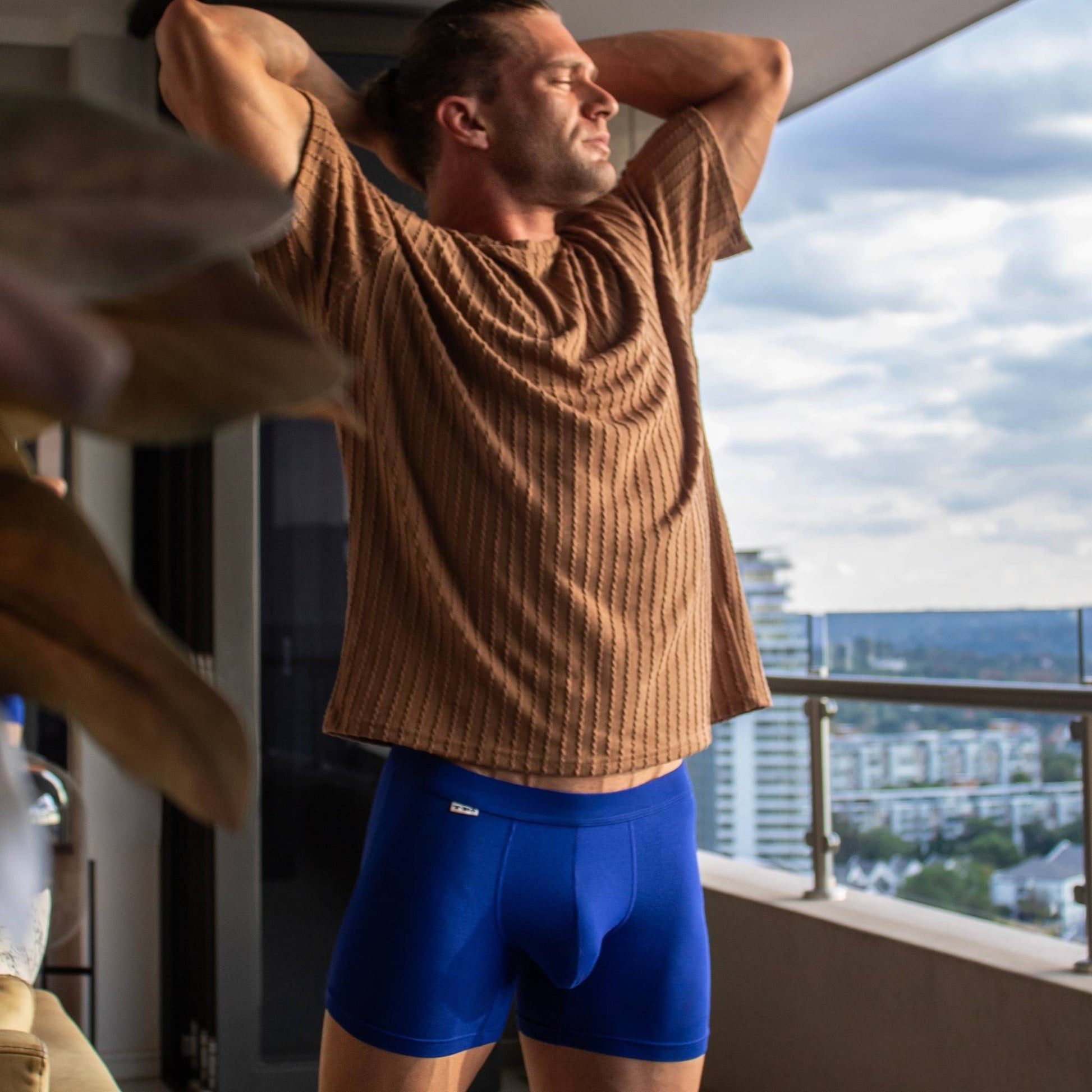 blue boxer briefs indoors